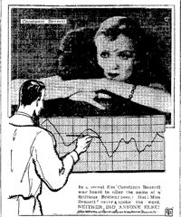 "In a recent film, Constance Bennett was heard to utter the name of a fictious British peer. But Miss Bennett never spoke the word. NEITHER DID ANYONE ELSE!" - Central Press 1932